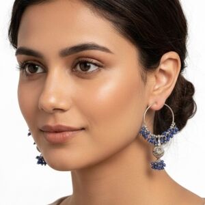 VINTAGE Egyptian Hoop Dangle Blue Beaded Drops Earrings Silver Antique